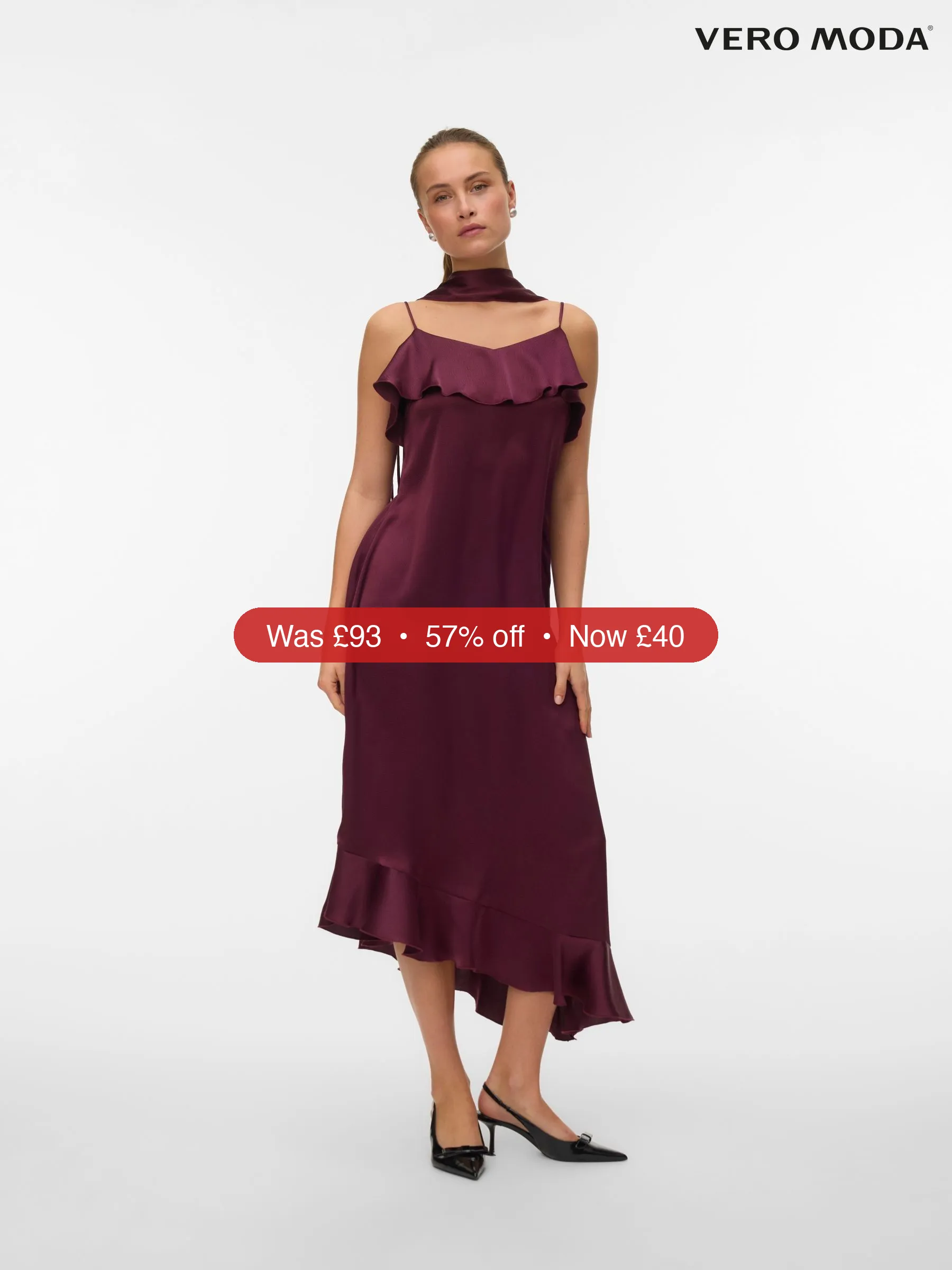 Next VERO MODA Burgundy Satin Frill Detail Scarf Dress – 57% Off