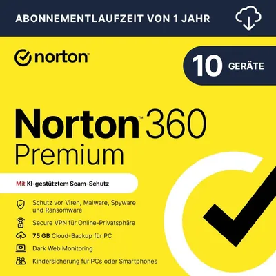Norton 360 Premium 2023 | 10 Geräte | Antivirus | Unbegrenzter sicherer VPN & Passwortmanager | 1 Jahr | PC/Mac/Android/iOS | AC – 58% Rabatt