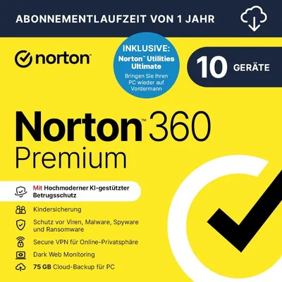 Norton 360 | Premium + Utilities Ultimate | 10 Geräte | 1 Nutzer | 1 Jahr | Aktivierungscode per E-Mail