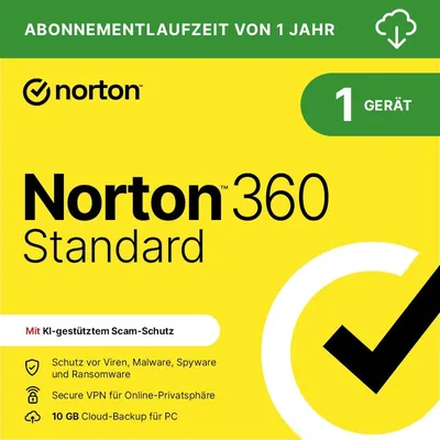 Norton 360 Standard 2023 | 1 Gerät | Antivirus | Unbegrenzter Secure VPN & Passwort-Manager | 1 Jahr | PC/Mac/Android/iOS | Jetzt 72% Rabatt