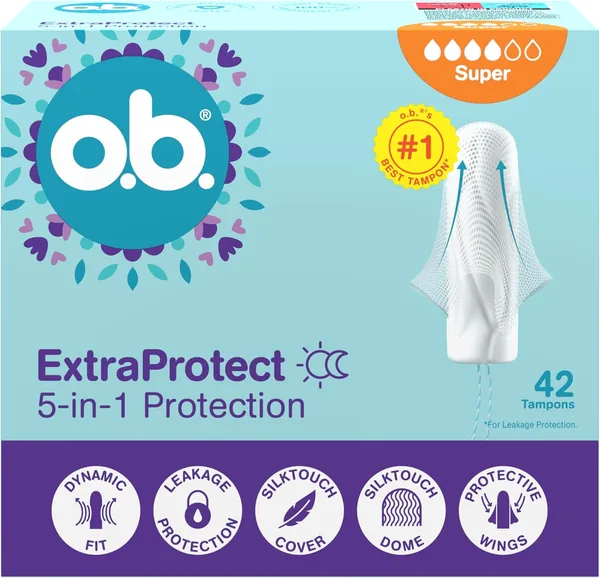 o.b. ExtraProtect Super Tampony 42 szt. NOWOŚĆ: Dodatkowe skrzydełka zabezpieczające, do 100% ochrony przed przeciekaniem – 16% Off