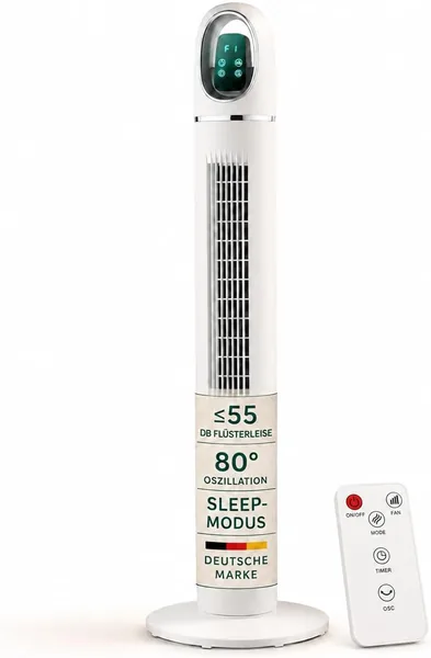 Onbest Turmventilator Leiser 45W Energieeffizienter Turmventilator mit Fernbedienung, 80° Schwingung, Schlafmodus, Timer, Bodenfan Weiß