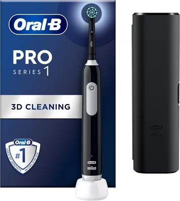 Oral-B Pro 1 Black Elektrisk Tandenborsta, 1 Borsthjäla, 1 Reisetaske, Design av Braun | Inkluderar 1 Borstholdare, Reisetaske