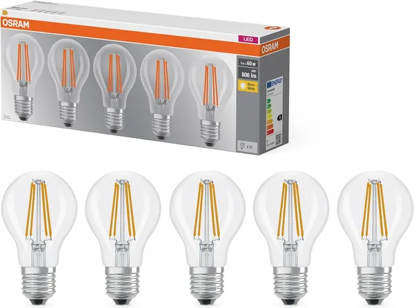 Osram LED Glühbirne mit Filament-Design A60, 7 W, warmweiß (827), 2700 K, klar, E27, 806 lm, schock- und vibrationsresistent – 31% Rabatt