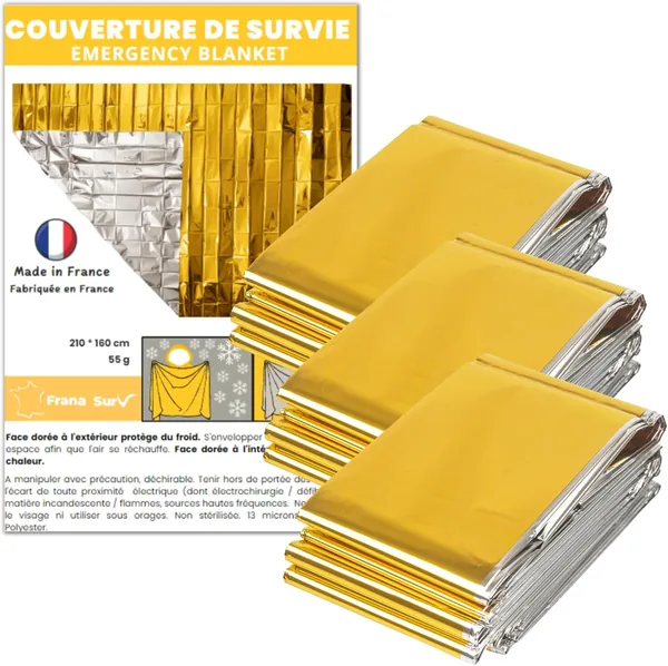 Pack de 3 couvertures de survie isolées Frana – Or/Argent – 210 x 160 cm – Protection contre le froid et la chaleur – Randonnée