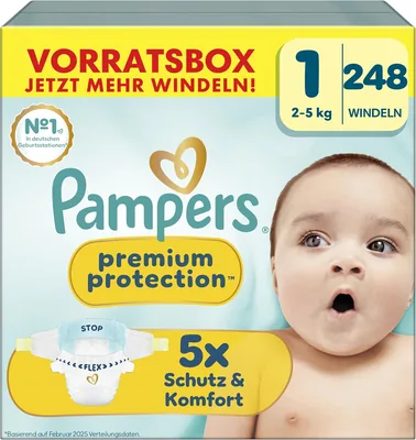 Pampers Premium Protection Windeln Größe 1, 248 Stück, 2-5 kg, Unsere Nr. 1 für Hautschutz und Leckageprävention – 24% Rabatt