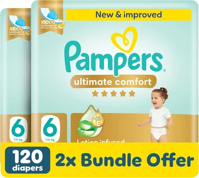 Pampers Ultimate Comfort Taped Diapers, Size 6, 13+kg, Aloe Vera & Vitamin E, 1000 Leak Locks, 46% Off