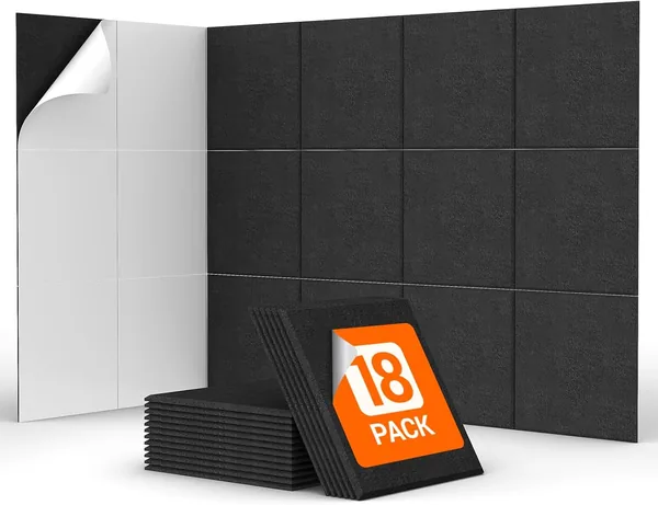 Panels acoustiques TONOR 18 pièces – Autocollant mural carré 30x30x1 cm – Isolation acoustique haute densité polyester