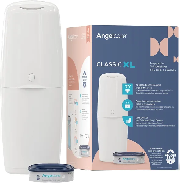 Pera para pañales Angelcare Classic XL: Gran capacidad y resistente al olor con refil octogonal (1 mes – 210 pañales talla 1)