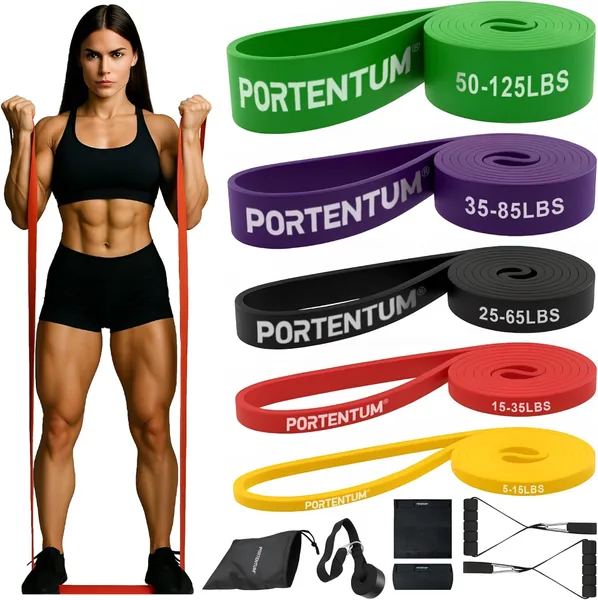 Portentum Gomas Elásticas para Musculación – Set de Bandas de Resistencia con 4 o 5 Niveles de Intensidad, Asas, Anclaje para Puerta y Fundas (5% de Descuento)