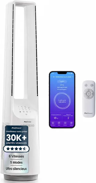 Pro Breeze Ventilateur intelligent sans rotor, moteur DC avec télécommande, affichage LED, 6 vitesses, 5 modes de fonctionnement, oscillant automatiquement 60° – Meilleure offre