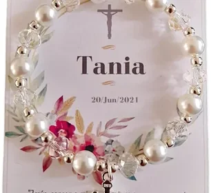 Pulsera Recuerdo Perlas, Cristal y Dije de Cruz para Bautizo, Primera Comunión, Confirmación, Boda o XV Años - Mejor Precio in Mexico