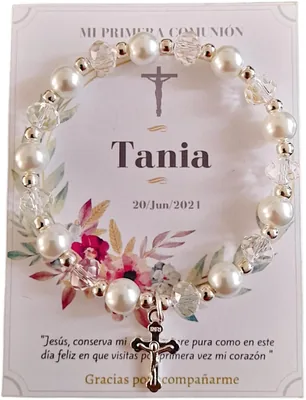 Pulsera Recuerdo Perlas, Cristal y Dije de Cruz para Bautizo, Primera Comunión, Confirmación, Boda o XV Años – Mejor Precio