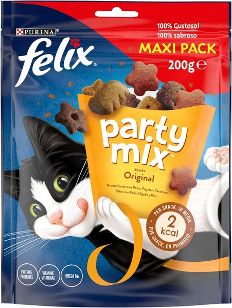 Purina Felix Party Mix Original Adulto Cat Snack con Pollo, Hígado y Pavo – Paq. de 5 Bolsas de 200 g – Mejor Oferta
