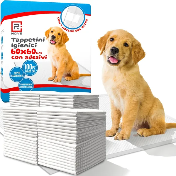R MOVE 100 Dog Sleepers 60 x 60 cm con Adesivi – Tappetini Assorbenti e Igienici per Cani, Bang per Pipi Extra Assorbenti