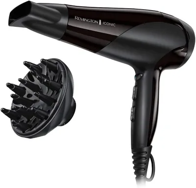 Remington D3198 Ionen-Fön, 2200 W, Keramikring: Sanftes Styling & gleichmäßige Wärmeverteilung, 3 Heinstufen & 2 Aufsätze