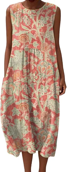 Robe d’été femme sans manches en lin chic bohème mi-longue plage fluide poches rond col texteuré décontracté