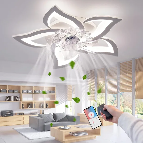 RRBEST LED Deckenventilator mit Beleuchtung, Kreativität, 5 Glühbirnen, Leise, Dimmbarer Ventilator und Licht, Deckenleuchte mit Fernbedienung und A