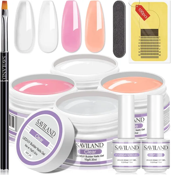 SAVILAND Byggare Gel Nagelset: 4 Färger Klar Wit Nude Rosa Nagelutveckling Gel med Pensla 100 Stk. Nagelformset, Styrt