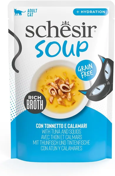 Schesir, Sopa con Filetes de Atún y Calamar, Alimento Húmedo Complementario para Gatos, Receta Original, 100% Natural, Libre de Crueldad, 12