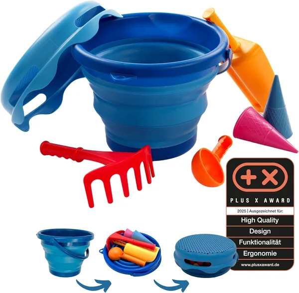 Schildkröt 970244 7-in-1 Sandspielzeugset, Handtaschengröße, kompakt und platzsparend, zusammenklappbarer 3L Eimer mit 6 Sandspielzeugen – 34% Rabatt