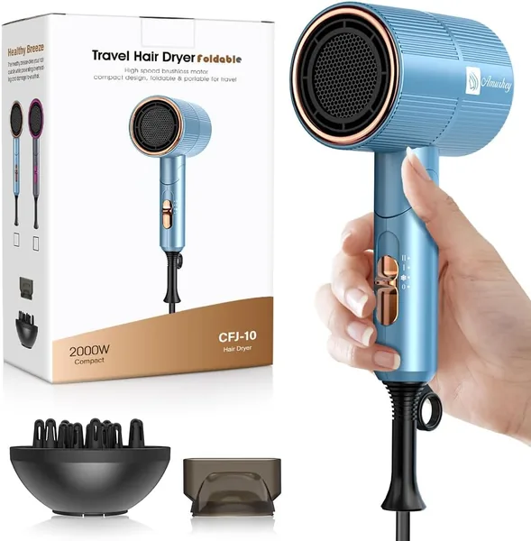 Secador de pelo ionic Amurhey con flujo de aire 24m/s – Ligero y plegable (aprox. 250g) – Secador de viaje 2000W con difusor