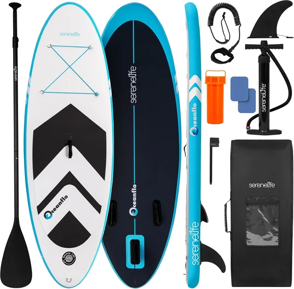 SereneLife 7’9″ uppblåsbar stand up paddleboard för barn – SUP för ungdomar med enkelverkande pump, justerbar paddel och rygg – Best Deal