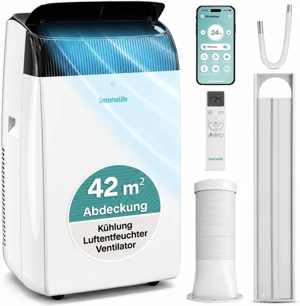 SereneLife Inverter Mobilklimaanlage mit Wi-Fi 4.7 kW 16000 BTU – Klimaanlage mit Heizfunktion für Räume bis zu