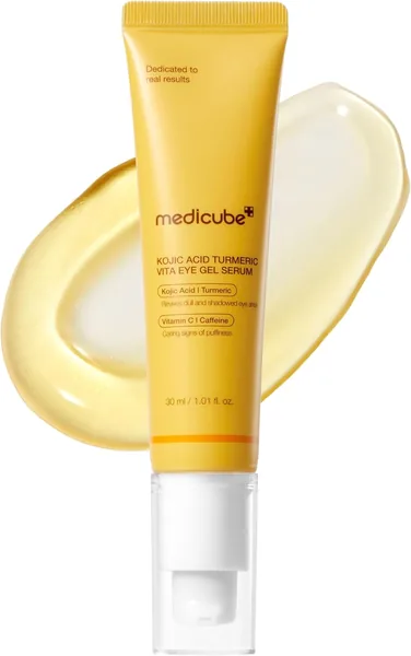 Serum para los ojos Medicube con ácido kójico y cúrcuma | Gel refrescante para el área de los ojos | Cuidado diario iluminador con vitamina C y retinol – Mejor trato