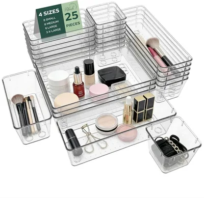 Set van 25 opbergdozen, 4 maten met antislip, stapelbare transparante organizer voor make-up, keuken, badkamer & kantoor – 15% Korting