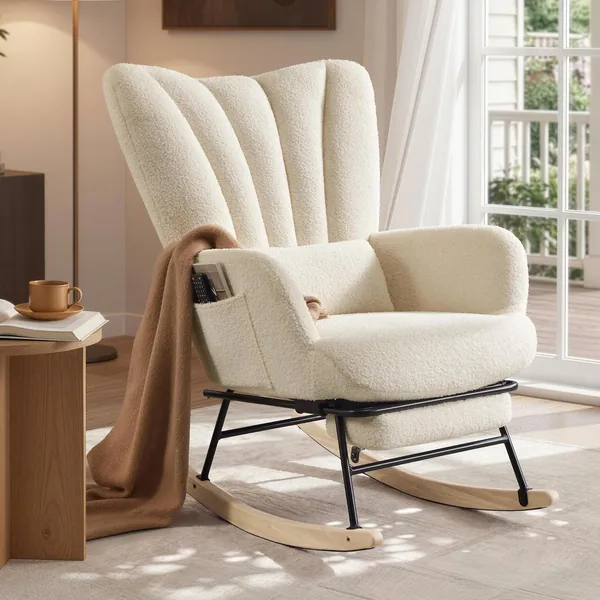 Silla mecedora SONGMICS con reposapies extraíble, cojín, bolsillos laterales y patas de madera, tela suave