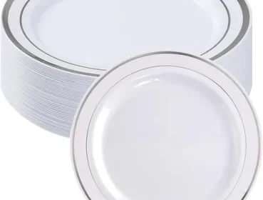 Silver Plastic Plates - 25pc Set, Round White Dinner & Dessert Plates, Reusable for Birthday Weddings in Kuwait