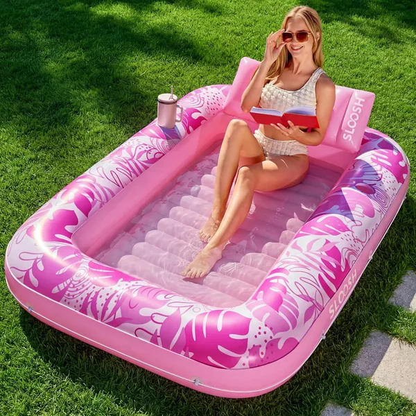 SLOOSH Inflatable Tanning Pool, 70×46 cm Stor Inflaterad Vattmat med Kukkeln, 4-i-1 Lounger