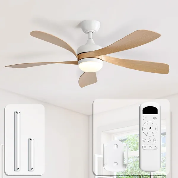 Sofucor Deckenventilator mit Licht und Fernbedienung, DC 132 cm, 5 Flügel, Timer, 3 Farbtemperaturen, 6 Geschwindigkeiten, Sommer/Winter