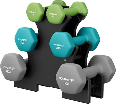 SONGMICS Juego de Mancuernas Antideslizantes con Soporte, 3x 9/12 kg – Ahorra un 10%