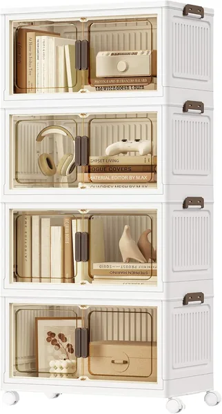 SONGMICS Scatole di Archiviazione, Organizzatore Pieghevole con 4 Ruote e Coperchio, 60 x 32.5 x 120 cm