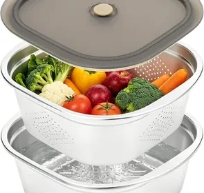 Stainless Steel Washing Up Bowl Set - 2-in-1 Colander & Basin with Lid in Singapore