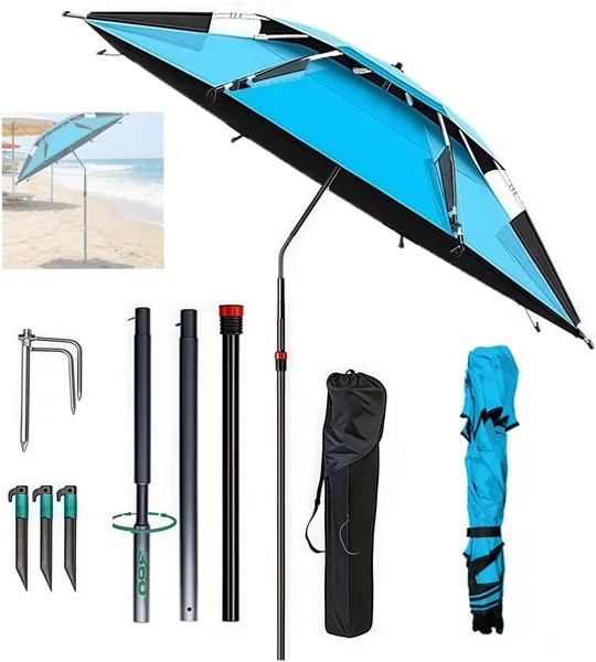 Strandschirm Durchmesser 160 cm mit Bodensteckung, winddicht, stabil, 360° Drehbar, faltbarer Strandschirm
