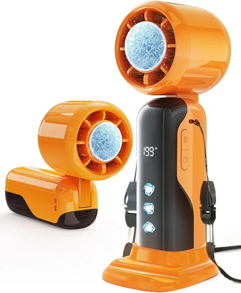 STRHAGO Tragbarer Turbo-Handventilator mit Eiskühlung, USB-C Aufladbar, 90° Klappbar, 1-199 Geschwindigkeitsstufen, Mit Entfernbarem Ständer