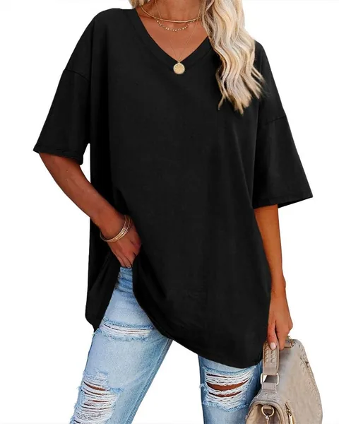 T-shirt Ebifin pour femme, col V, manches courtes, coupe oversize – Été