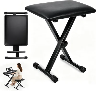 Taburete para Piano DOKYW Plegable, Banco Ajustable en Altura de 4 Niveles, Asiento de Metal Forma X con Espuma