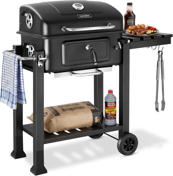 Tectake® Barbecue Portatile a Carbone, Grill in Acciaio con 3 Ganci, Ruote e Vano Portapezzi, Termometro Incluso – Dimensioni: 110 x 64 x 104 cm – Best Deal