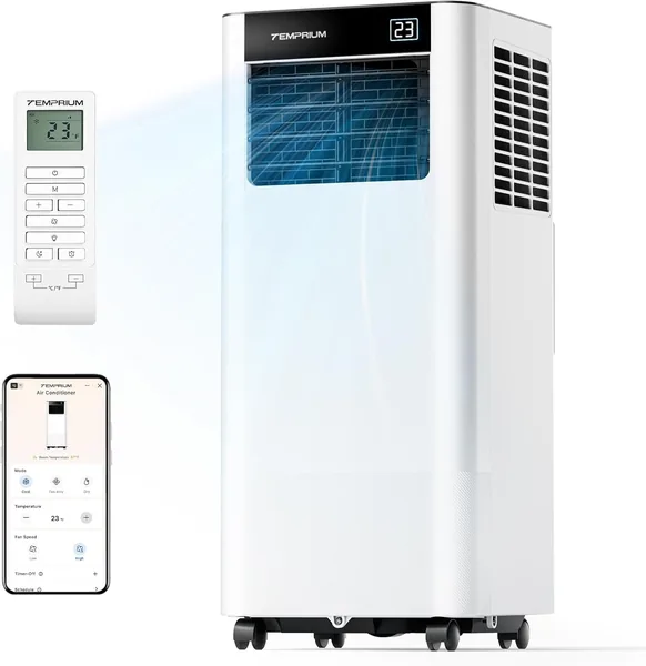 Temprium Mobilklimaanlage 9000 BTU 2.6 kW mit Abzugshaube, 3-in-1 Mobilklimagerät, Fensterdichtungsband, App-Steuerung + R | Best Deal