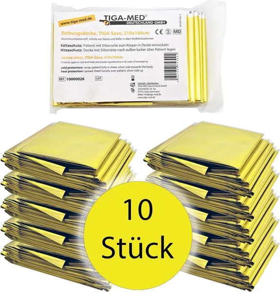 Tiga-Med 10x Couche de survie thermique – 210 x 160 cm, Set de 10 couvertures d’urgence Or/Argent | Isolation chaleur et froid, 5% de réduction