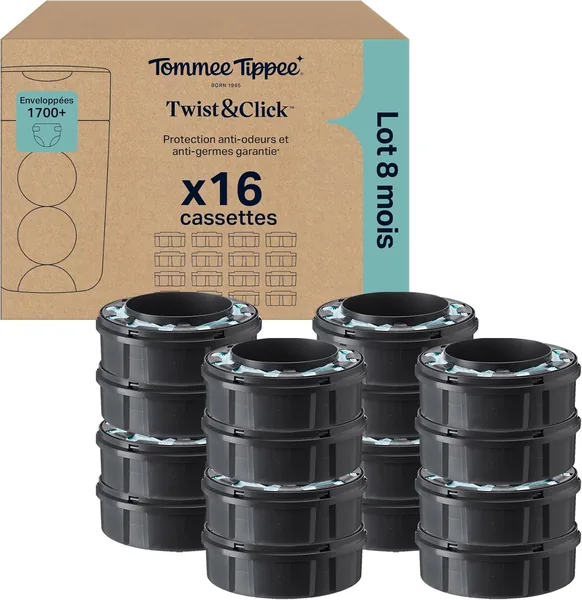Tommee Tippee Original Refill Cassettes Twist and Click Avancé Poubelle à Couches, Pack Exclusif de 16, 10.5 m, Facile à Remplacer et Éco-responsable