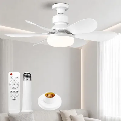 Ventilador de techo con luz y control remoto, E27 LED regulable 40W 3 velocidades 6 aspas Silencioso con base y riel extensor