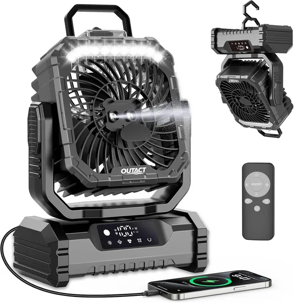 Ventilateur de camping silencieux avec lumière, ventilateur portable sans fil, ventilateur à brouillard rechargeable 20000mAh avec rotation et minuterie, suspendu