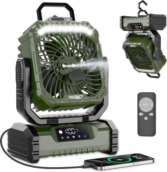 Ventilateur de camping silencieux avec lumière, ventilateur sans fil portable, ventilateur à brume rechargeable 20000mAh avec rotation et minuteur, suspendu