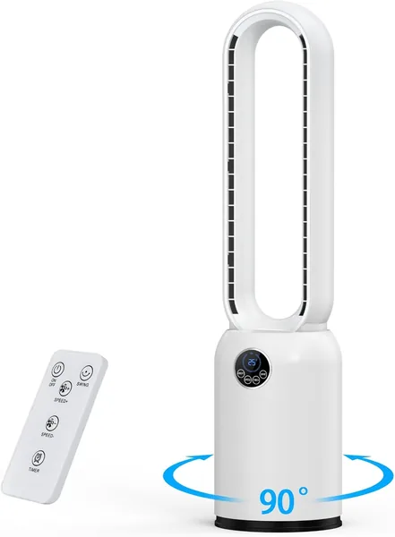 Ventilateur silencieux à inclinaison de 90°, 24 vitesses, minuteur de 12 heures, sans pale avec télécommande et écran tactile, pour chambre à coucher, maison