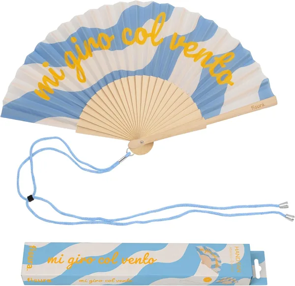 Ventilatore Originale Fisura con Messaggio ‘Nel Vento’ – Azul Wood, Ventilatore Leggero a Manico Pieghevole Ideale per l’Estate